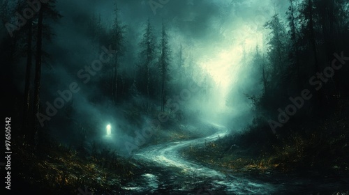 Eerie Encounter on Haunted Forest Road - Spooky Atmosphere with Ghostly Figure and Misty Trees