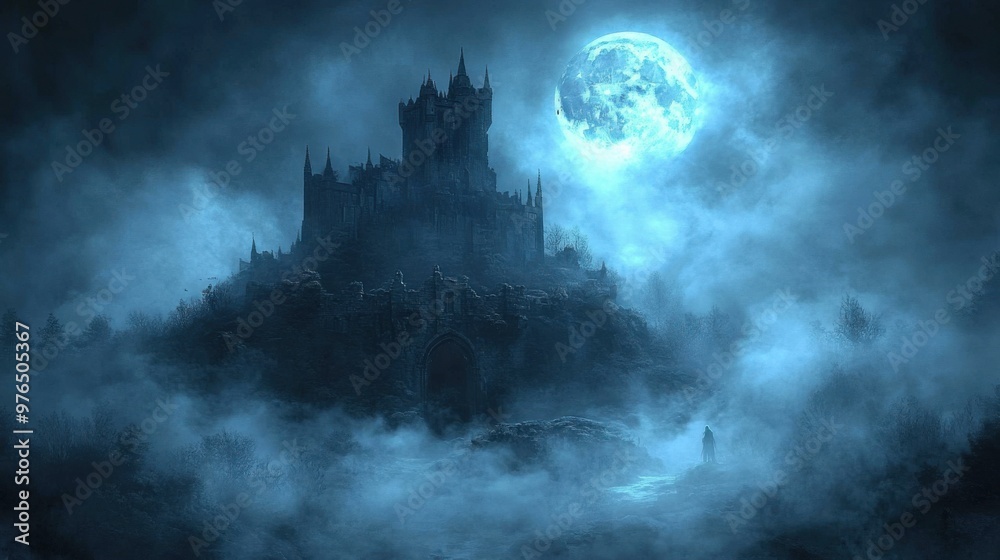 Eerie Haunted Castle on Misty Hill with Ghostly Figure under Full Moon Glow