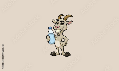 Happy goat character holding a bottle of milk.