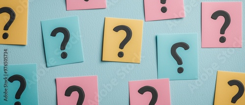 Colorful question marks on sticky notes create a playful background, perfect for themes of inquiry and curiosity in design projects.