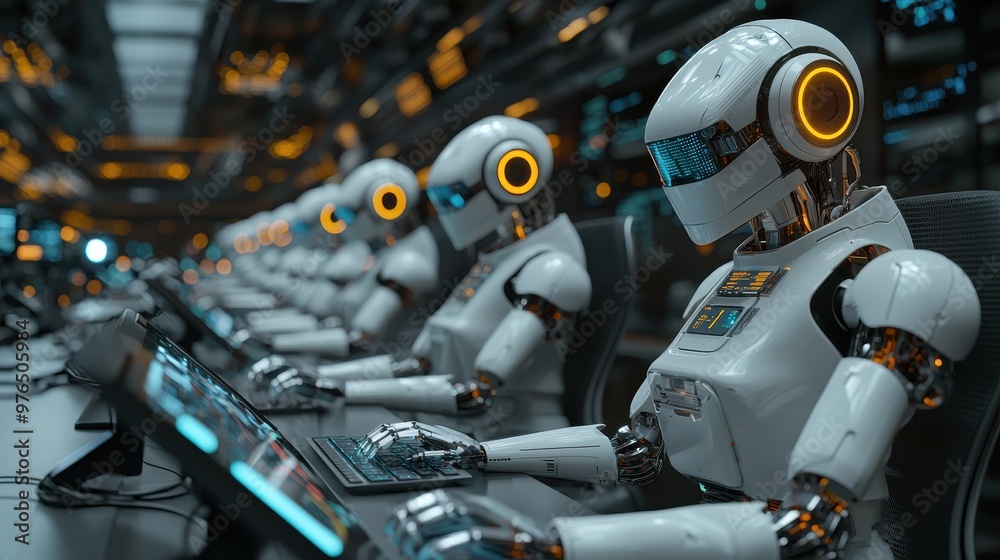 Fototapeta premium A group of robots are sitting at a computer desk