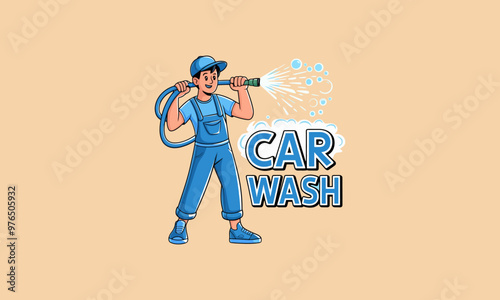 Car wash vector with worker spraying water and bubbles