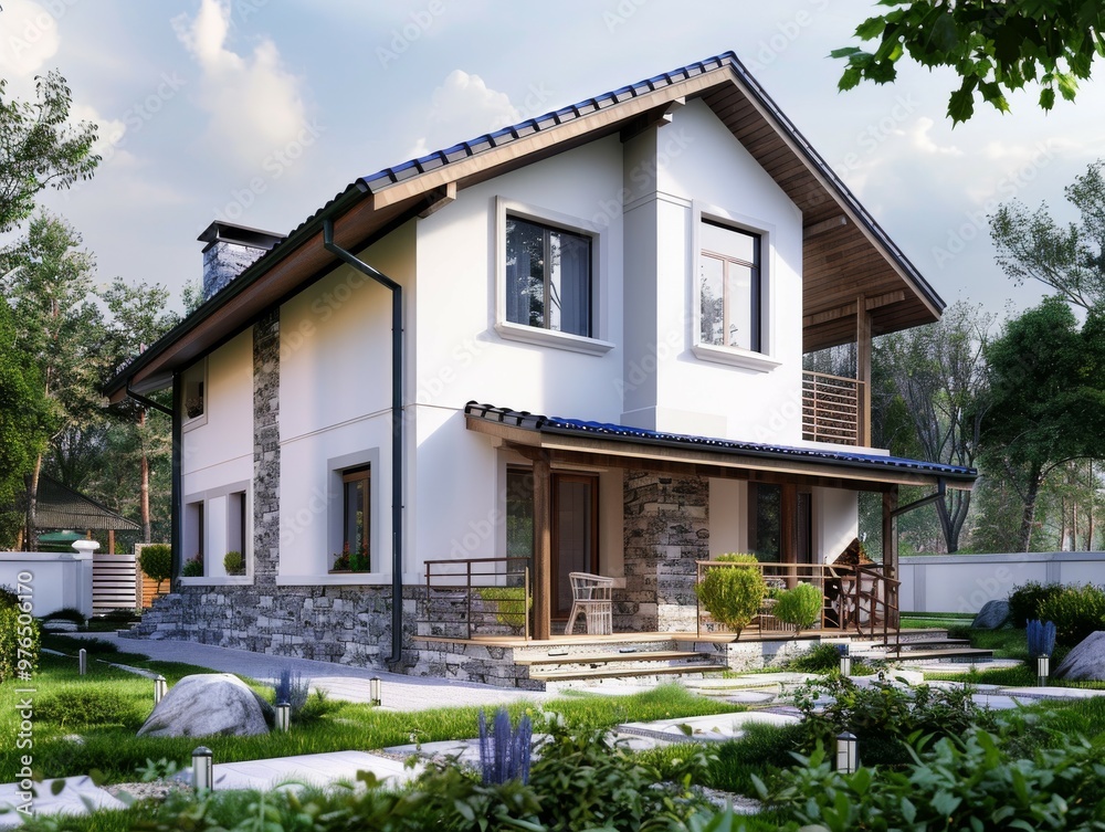 modern two-story family home, with a gable roof, a small terrace, and light grey stone walls. It captures the serene setting amidst lush greenery.