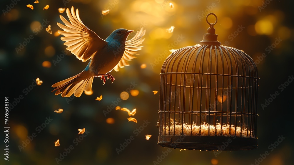 Fototapeta premium A bird with golden wings takes flight from an empty cage, symbolizing freedom.