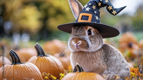 A rabbit wearing a witch's hat is sitting in a field of pumpkins photo