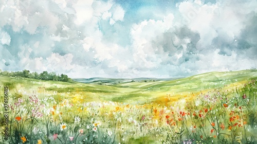 Watercolor painting of a summer landscape with rolling hills, a bright green field with colorful wildflowers, and a light blue sky with white clouds.