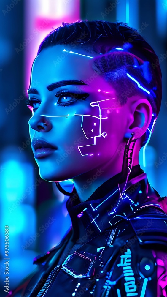 Cyberpunk Woman with Neon Lights on Face and Jacket Cyberpunk Woman with Neon Lights on Face and Jacket