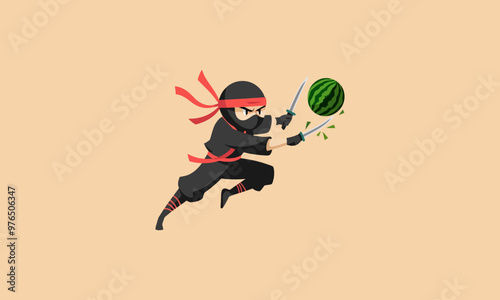 Ninja slicing watermelon with dual swords vector art