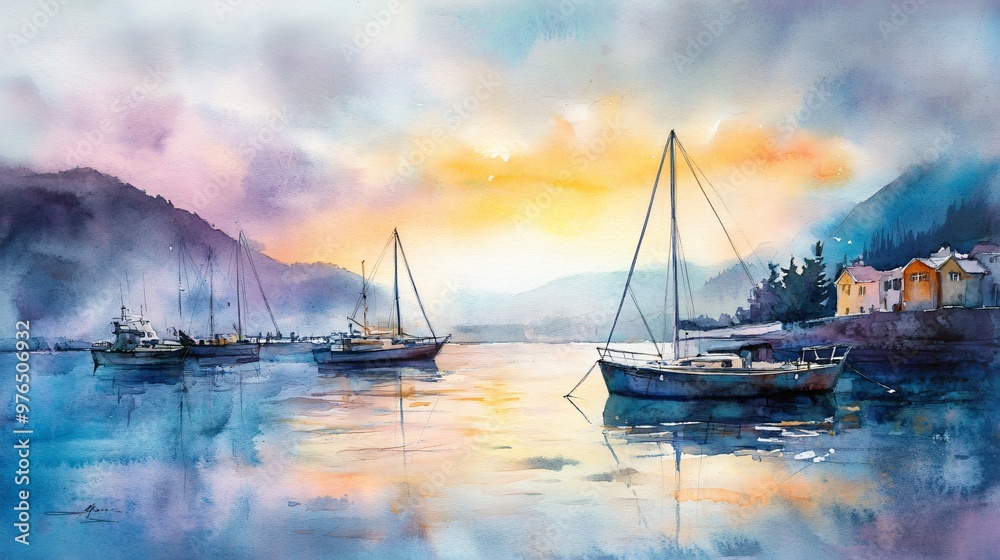 Watercolor painting of a sunset over a bay with sailboats and a town on the shore. Watercolor painting of a sunset over a bay with sailboats and a town on the shore.