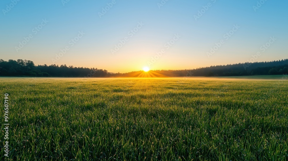 A serene sunrise over a lush green field, showcasing nature's beauty and tranquility at dawn. A serene sunrise over a lush green field, showcasing nature's beauty and tranquility at dawn.
