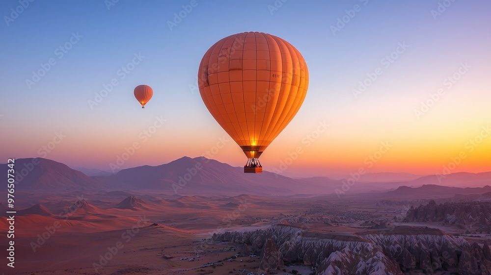 Naklejka premium Breathtaking view of hot air balloons soaring over stunning landscapes at sunrise, capturing the essence of adventure and freedom.