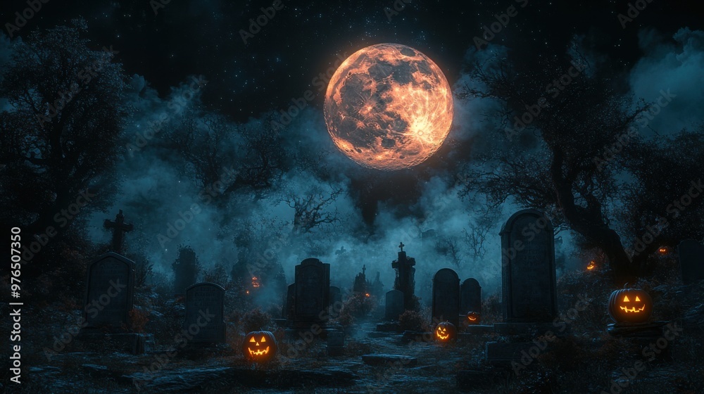 Eerie Halloween Graveyard Specter at Midnight - Hyperrealistic Spooky Scene with Ghostly Apparitions, Glowing Jack-o-Lanterns, and Twisted Trees Silhouetted under the Full Moon Eerie Halloween Graveyard Specter at Midnight - Hyperrealistic Spooky Scene with Ghostly Apparitions, Glowing Jack-o-Lanterns, and Twisted Trees Silhouetted under the Full Moon