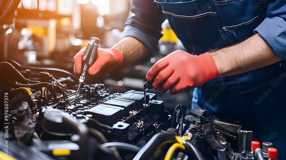 Close-Up of a Mechanic Working on a Car Engine. Close-Up of a Mechanic Working on a Car Engine.