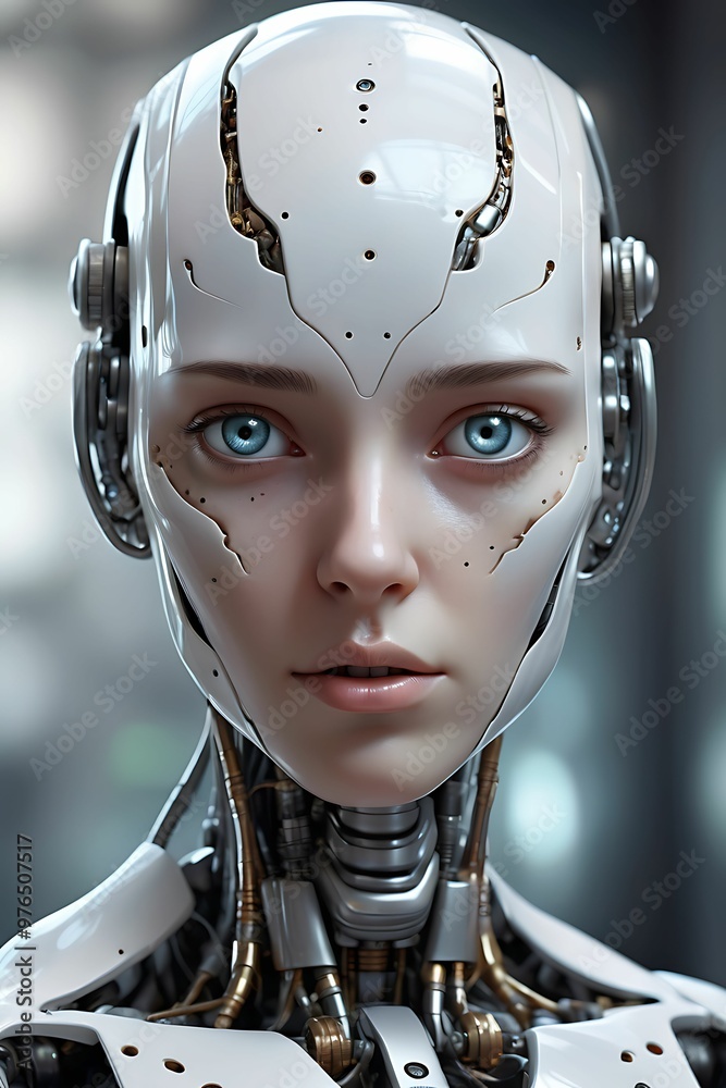 Close-up of a female humanoid robot's face and neck Close-up of a female humanoid robot's face and neck