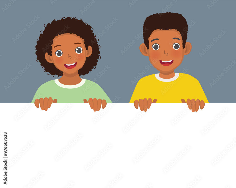 young African man and woman standing behind blank sign board banner for copy space advertising announcement young African man and woman standing behind blank sign board banner for copy space advertising announcement
