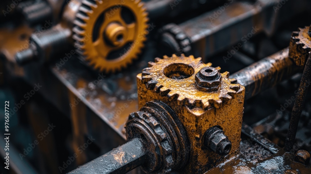 A detailed shot of gears and levers in a complex piece of industrial machinery, with oil and grime showing wear A detailed shot of gears and levers in a complex piece of industrial machinery, with oil and grime showing wear