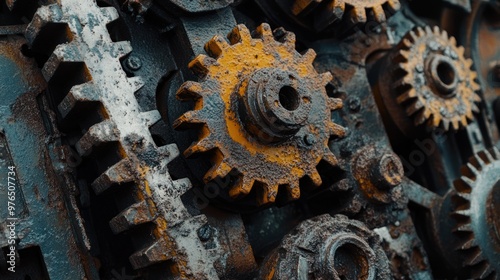 A detailed shot of gears and levers in a complex piece of industrial machinery, with oil and grime showing wear photo