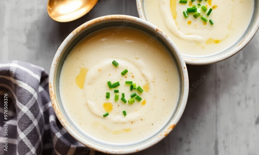 bowl of creamy potato leek soup with a sprinkle of chives bowl of creamy potato leek soup with a sprinkle of chives