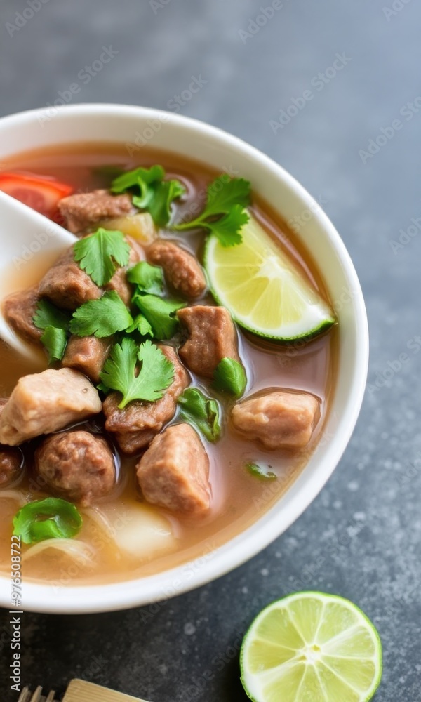 bowl of rich beef pho with fresh herbs and lime bowl of rich beef pho with fresh herbs and lime