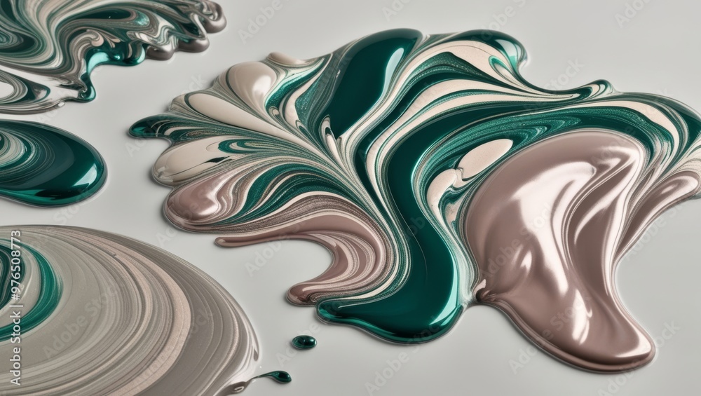 Abstract art of green, white and grey paint mixing together Abstract art of green, white and grey paint mixing together