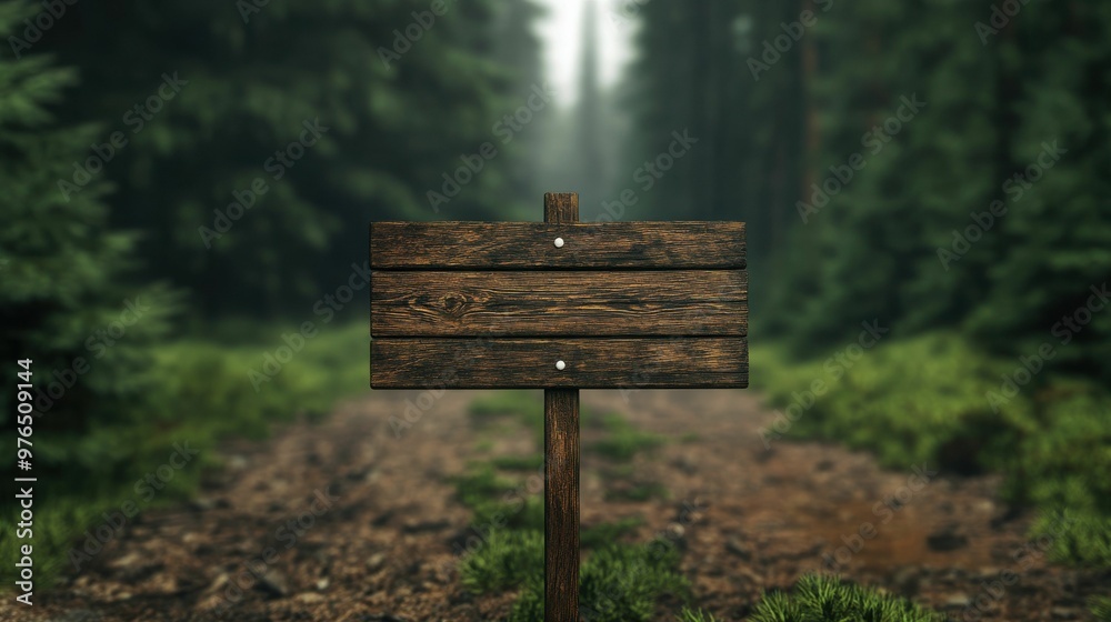 Fototapeta premium A close-up of a wooden signpost on a dirt path in a misty forest, representing direction and guidance in nature.