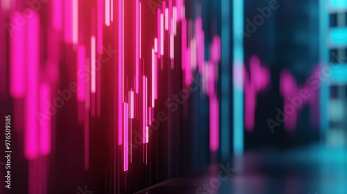 A vibrant pink neon candlestick chart against a dark background, symbolizing futuristic financial data and stock market analysis.