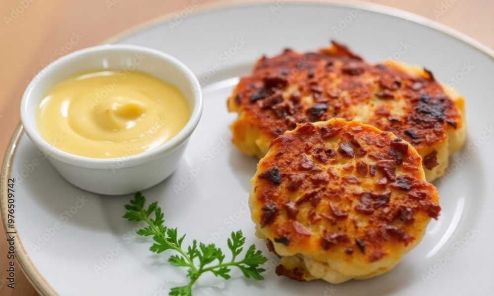 plate of crispy crab cakes with a side of remoulade sauce. plate of crispy crab cakes with a side of remoulade sauce.