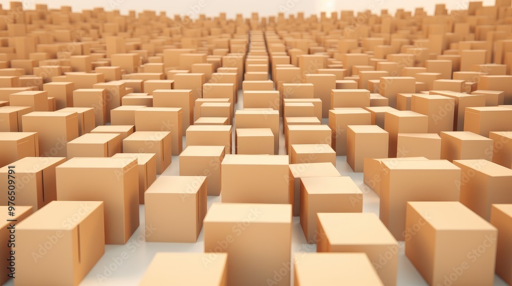 Obraz premium A perspective view of an endless field of brown cardboard boxes on a white surface.