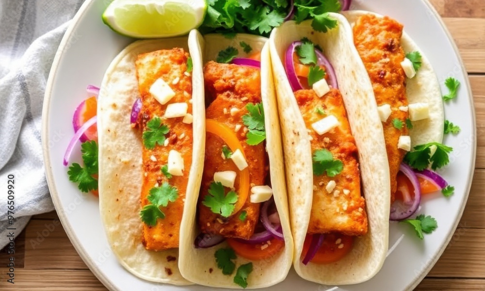 plate of crispy fish tacos with a side of lime wedges. plate of crispy fish tacos with a side of lime wedges.