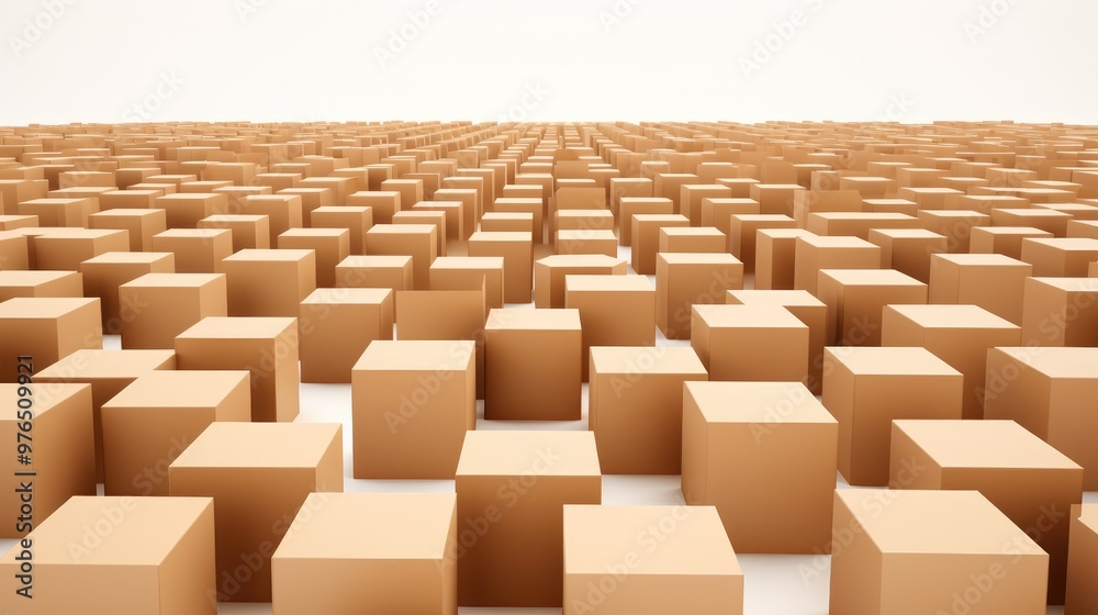 A vast field of brown cubes receding into the distance against a white background. A vast field of brown cubes receding into the distance against a white background.