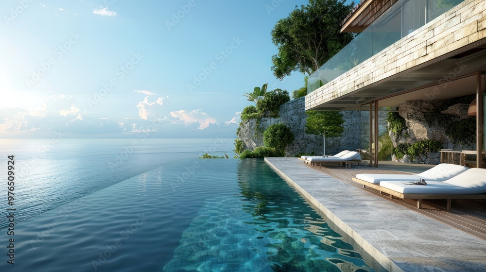Fototapeta premium Luxury Villa With Infinity Pool Overlooking Ocean