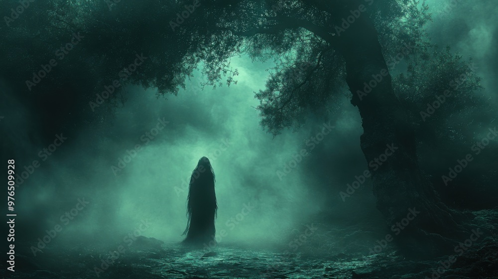 Ghostly Figure in Dark and Twisted Forest - Eerie Moonlit Scene with Chilling Atmosphere Ghostly Figure in Dark and Twisted Forest - Eerie Moonlit Scene with Chilling Atmosphere