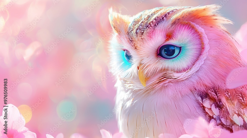 Obraz premium Pink Owl in Spring Blossoms Closeup Portrait