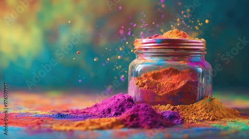 Macro view of a glass jar filled with Holi gulal, with the lid slightly open and colors spilling out. photo