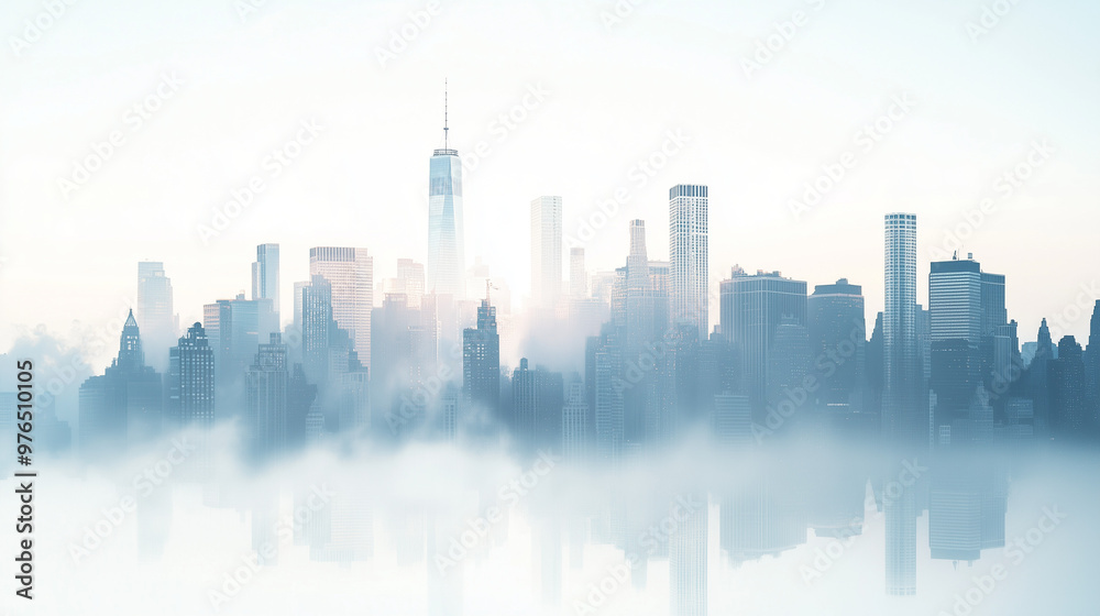 A serene cityscape with skyscrapers emerging through soft fog, giving a mystical ambiance to the urban skyline.