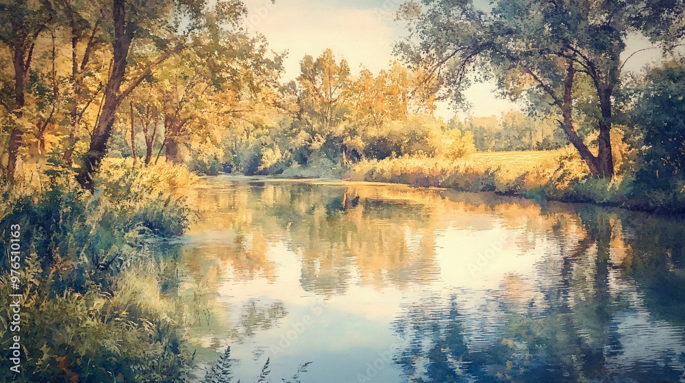 Obraz premium Watercolor painting of a tranquil river flowing through a forest.