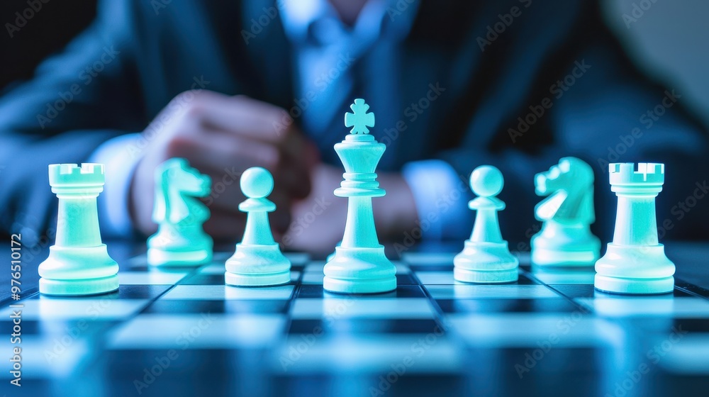 A man is playing chess with a blue and white chess set A man is playing chess with a blue and white chess set