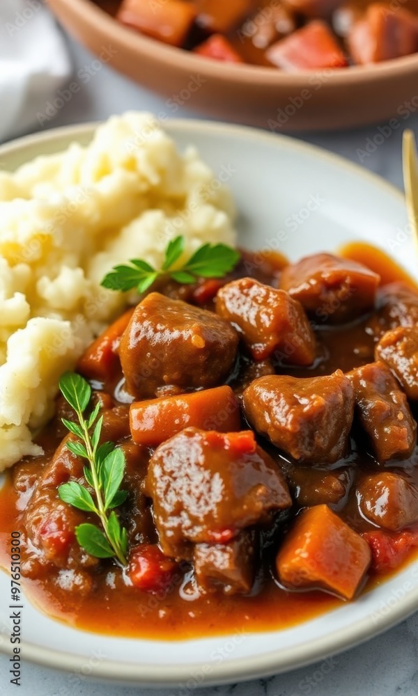 plate of tender beef bourguignon with a side of mashed potatoes