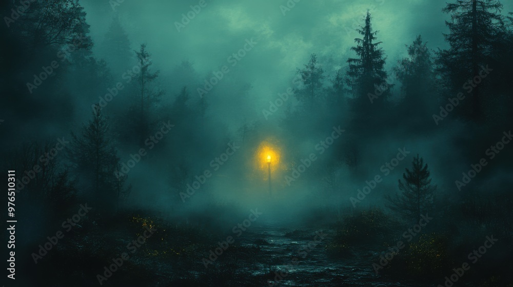 Enchanted Forest Clearing: Mysterious Lantern Glow and Ghostly Apparition