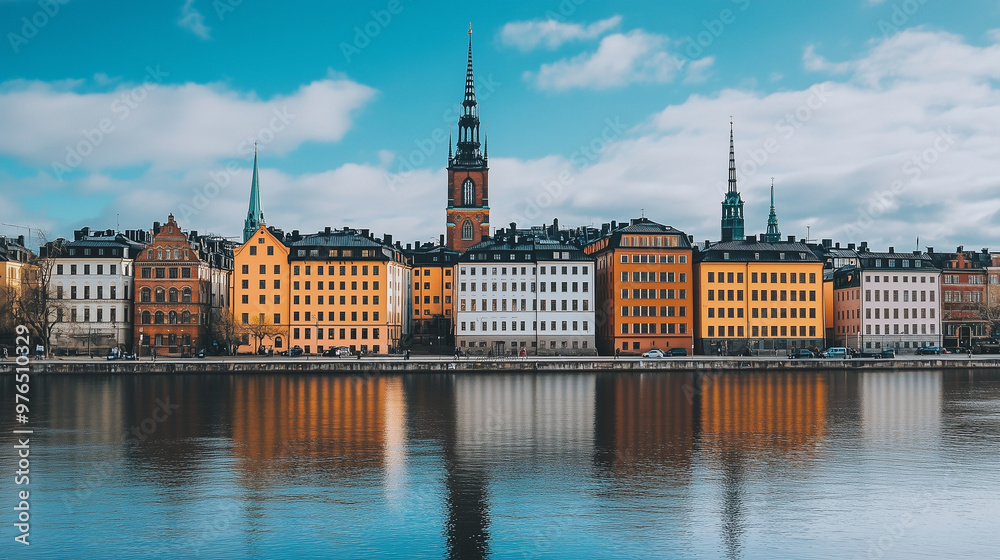 Fototapeta premium Scenic view of colorful historical buildings and church spires reflecting in the calm water under a bright blue sky with scattered clouds.
