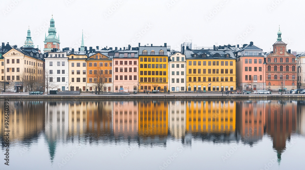 Colorful buildings reflecting in a calm river under an overcast sky, showcasing beautiful European architecture. Colorful buildings reflecting in a calm river under an overcast sky, showcasing beautiful European architecture.