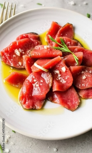 plate of tender beef carpaccio with a drizzle of olive oil.