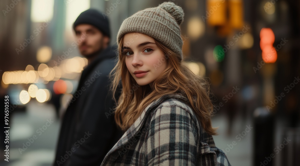 Young Woman in Beanie and Plaid Coat with Man on City Street