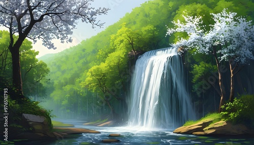 Tranquil waterfall cascading through a vibrant green forest, surrounded by blooming trees, creating a serene and peaceful natural oasis