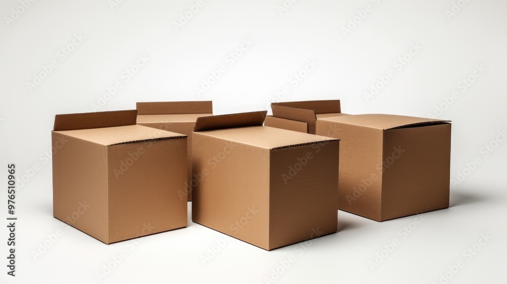 Four brown cardboard boxes on a white background.