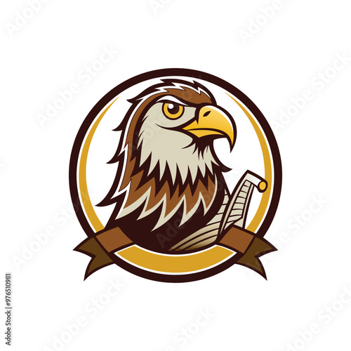 hawk head with crossed saber and ribbon. Vector illustration.