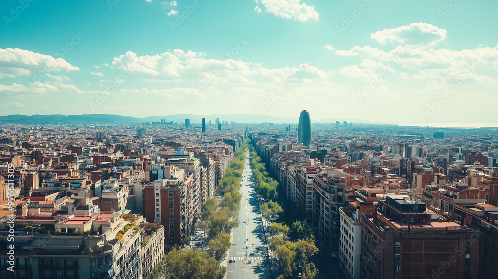Aerial view of a bustling urban city with a prominent avenue, surrounded by numerous buildings under a clear, blue sky with fluffy clouds. Aerial view of a bustling urban city with a prominent avenue, surrounded by numerous buildings under a clear, blue sky with fluffy clouds.