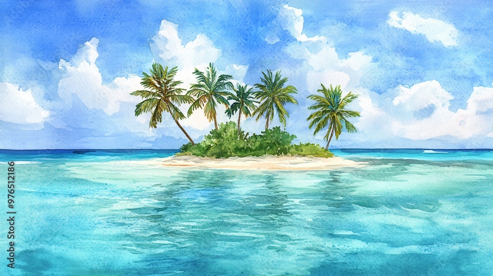 Watercolor painting of a tropical island with palm trees and a blue sky with white clouds. Watercolor painting of a tropical island with palm trees and a blue sky with white clouds.