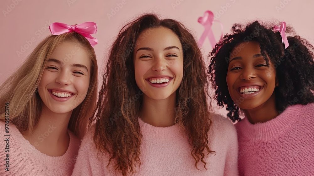 Diverse Women Smiling Pink Ribbon Support Diverse Women Smiling Pink Ribbon Support