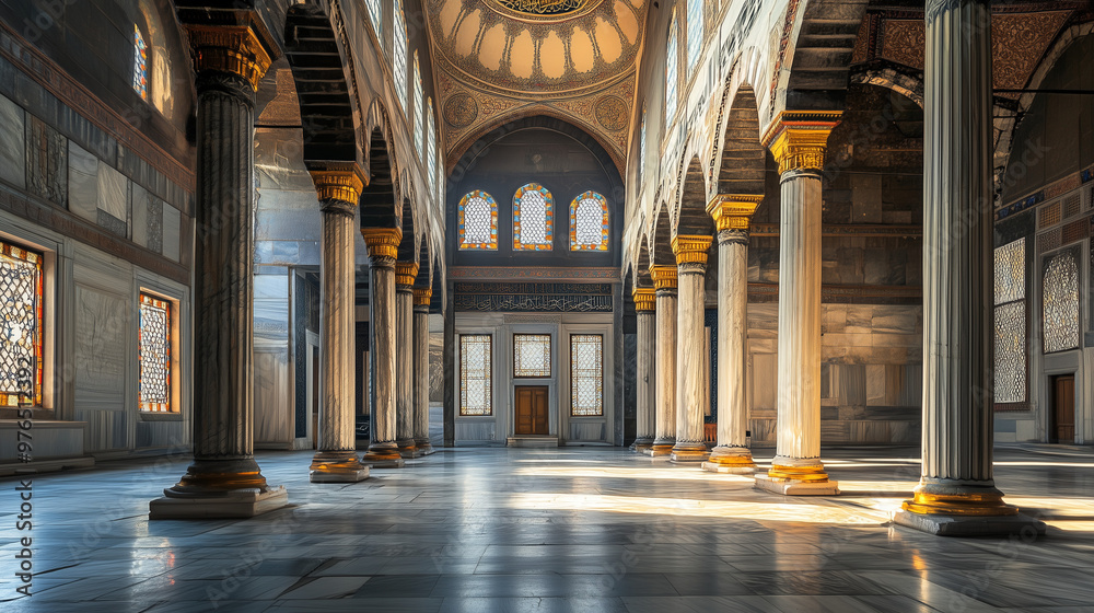 Obraz premium A grand and ornate historical building with majestic columns, intricate decor, and stained glass windows, bathed in soft golden sunlight.